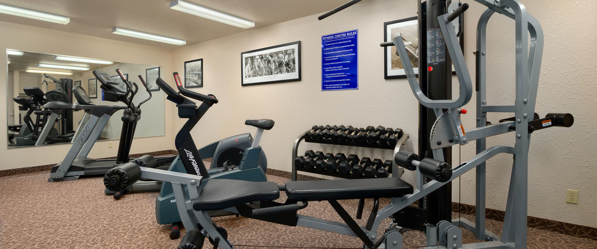 The fitness centre at Days Inn Red Deer, Alberta features several pieces of modern exercise equipment, weights and a large mirror in the area.
