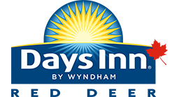 Small square shaped corporate logo of Days Inn Red Deer in blue, white and yellow coloring with an added red maple leaf.