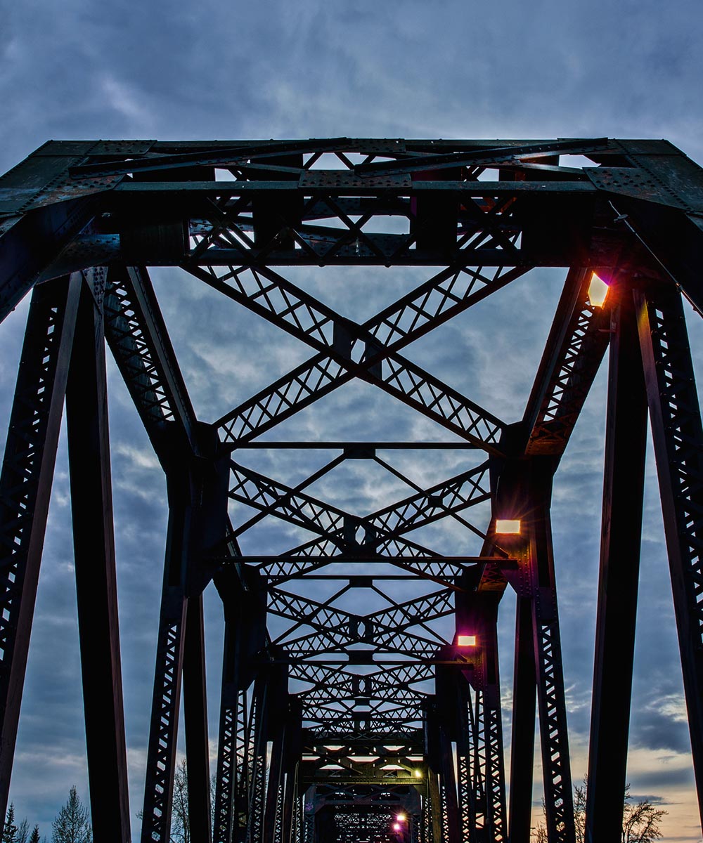 From the CPR Bridge in Red Deer, Alberta looking upward into the evening sky.

