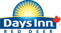Small blue, white and yellow company logo of Days Inn Red Deer with a small red maple leaf.