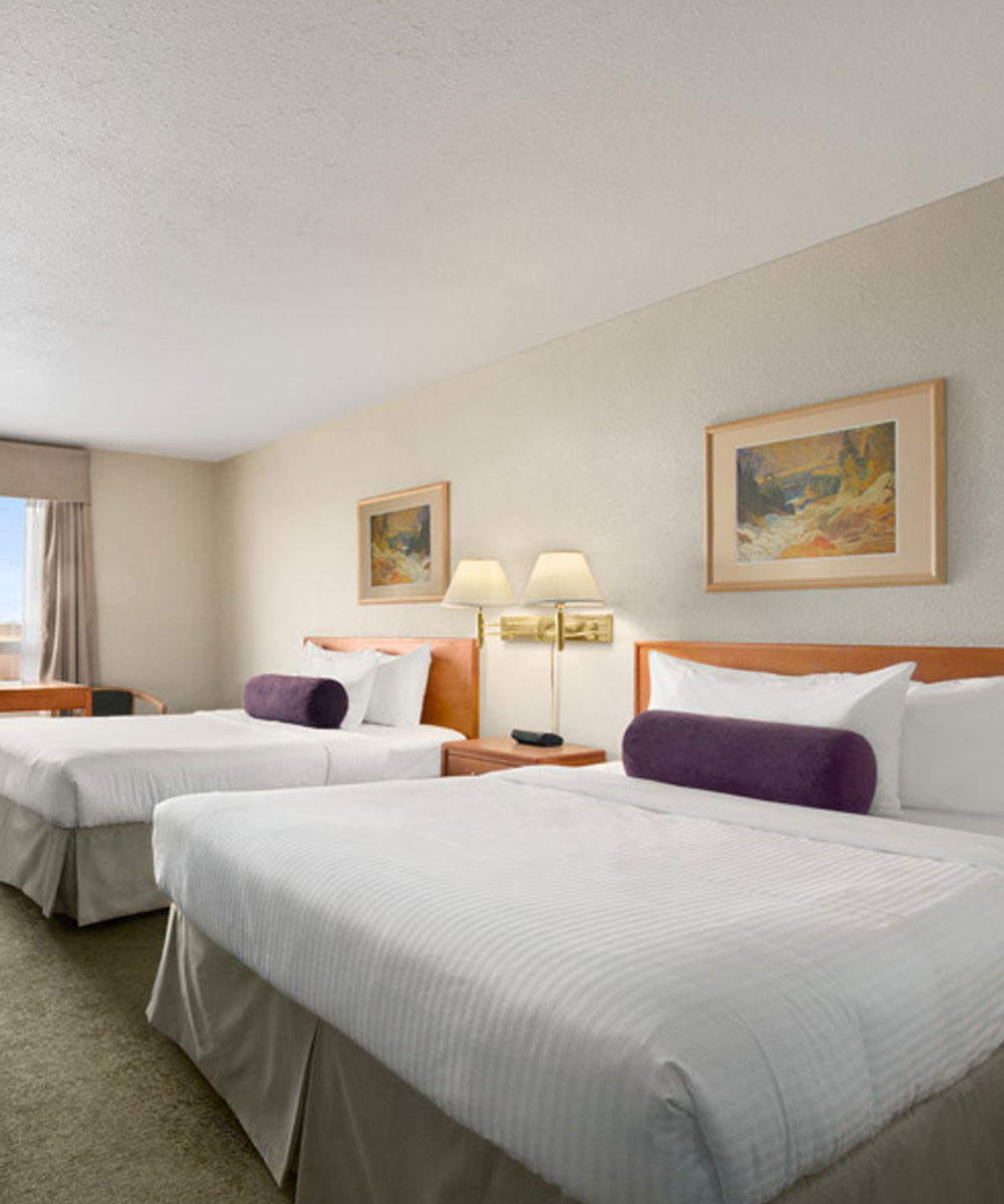 Two bed suite with bedside table, lamps and two beds in white, purple and beige color bed linen at Days Inn Red Deer, Alberta.
               