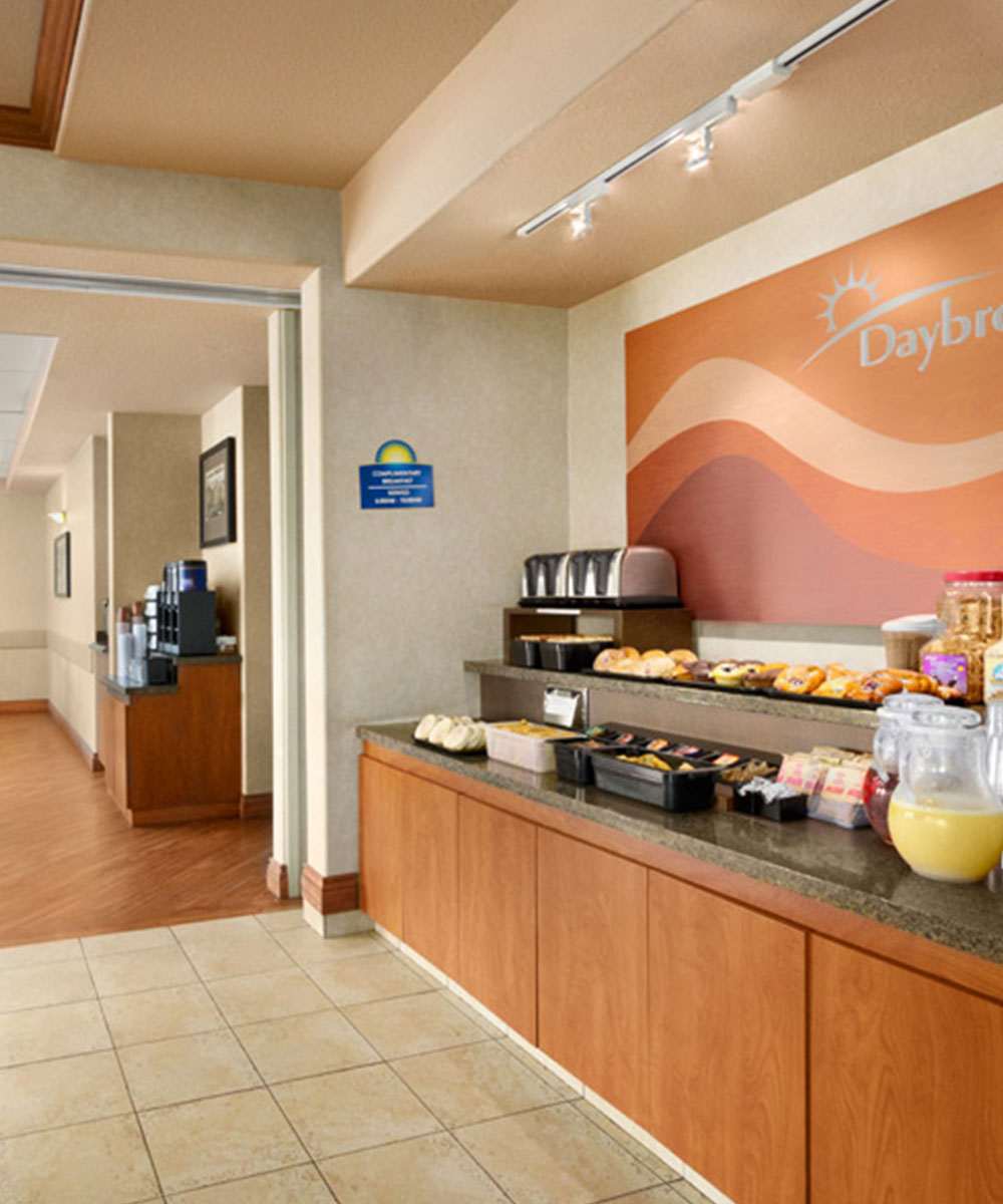 A view of the breakfast counter and coffee counter ready for guests at Days Inn Red Deer, Alberta
