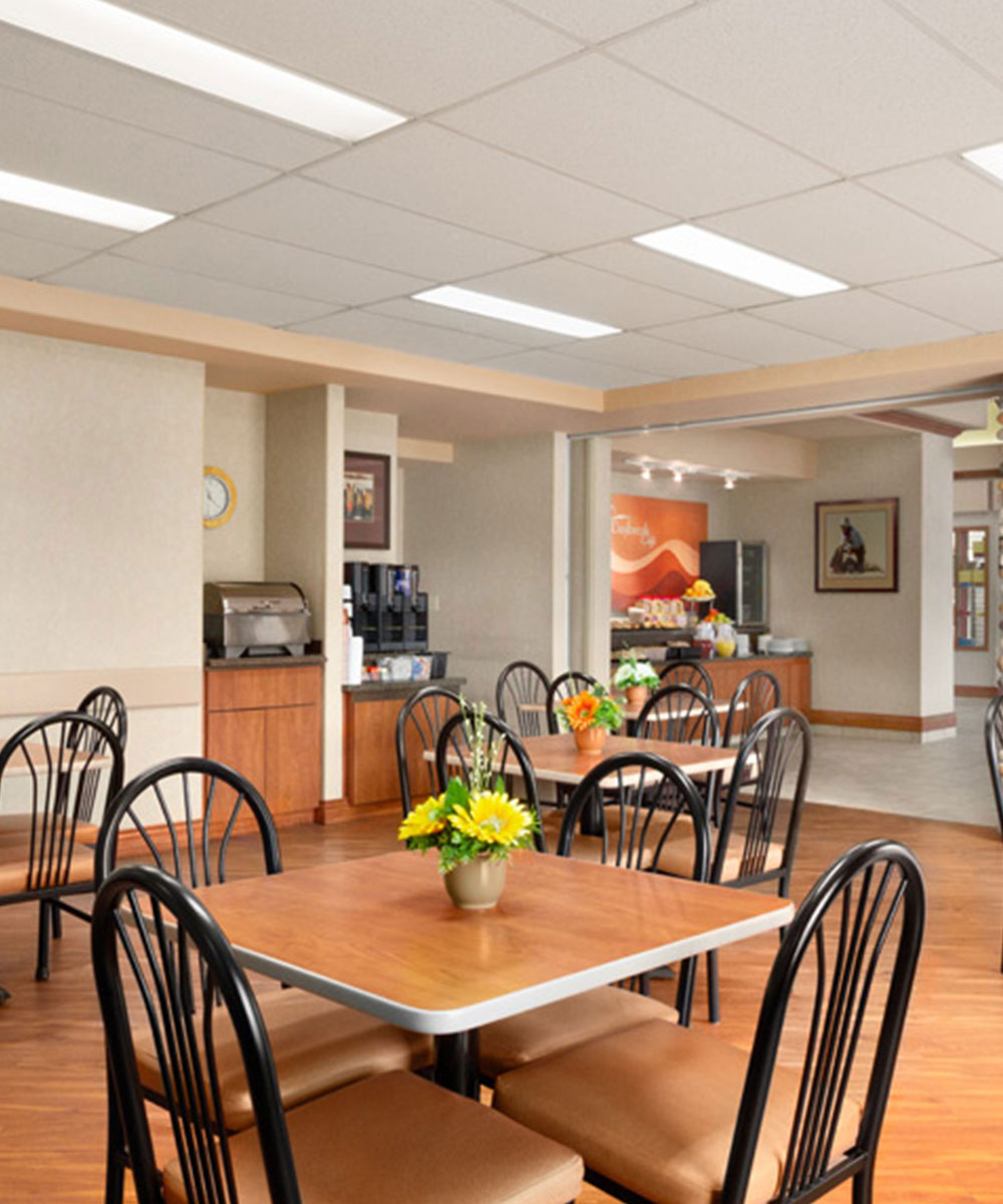 Days Inn Red Deer, Alberta breakfast room with four seat tables and pots of flowers on each table top.
